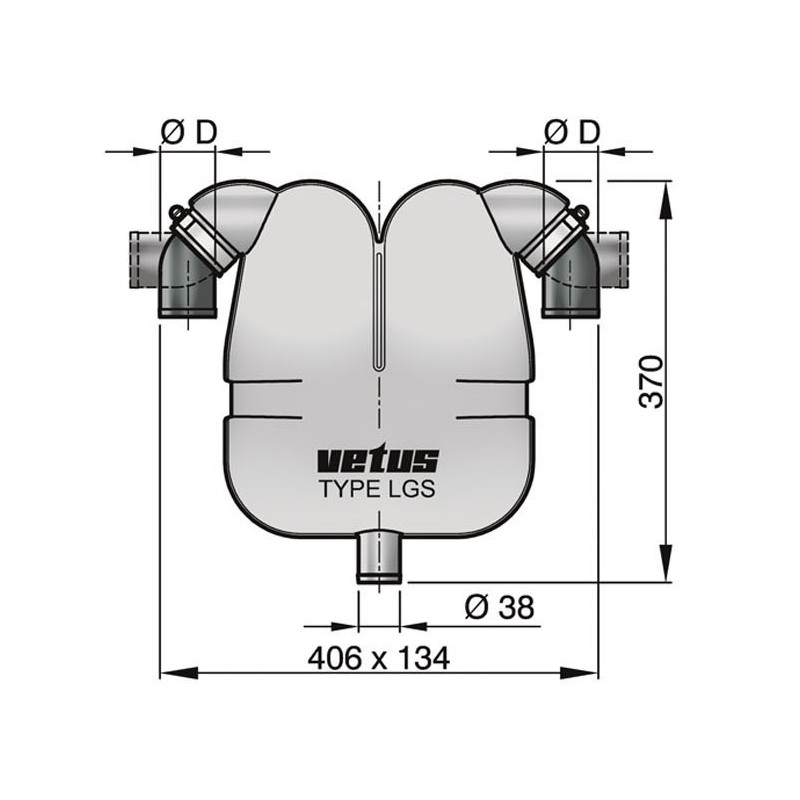 VETUS gas-/vattenavskiljare, 45 mm roterande anslutningar, 38 mm avlopp