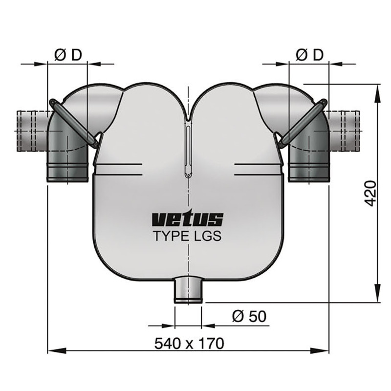 VETUS gas-/vattenavskiljare, 60 mm roterande anslutningar, 50 mm avlopp