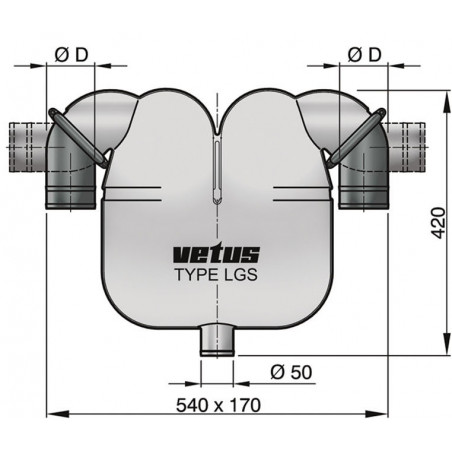 VETUS gas-/vattenavskiljare, 60 mm roterande anslutningar, 50 mm avlopp