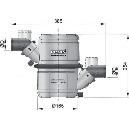 Dual stage waterlock with 90 mm hose connections, 10 litres