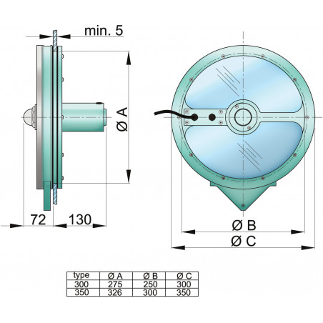 VETUS genomsiktsskärm, 300 mm, 12 V