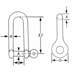 Lång D-schackel i rostfritt stål med säkrad bult AISI316 - 1
